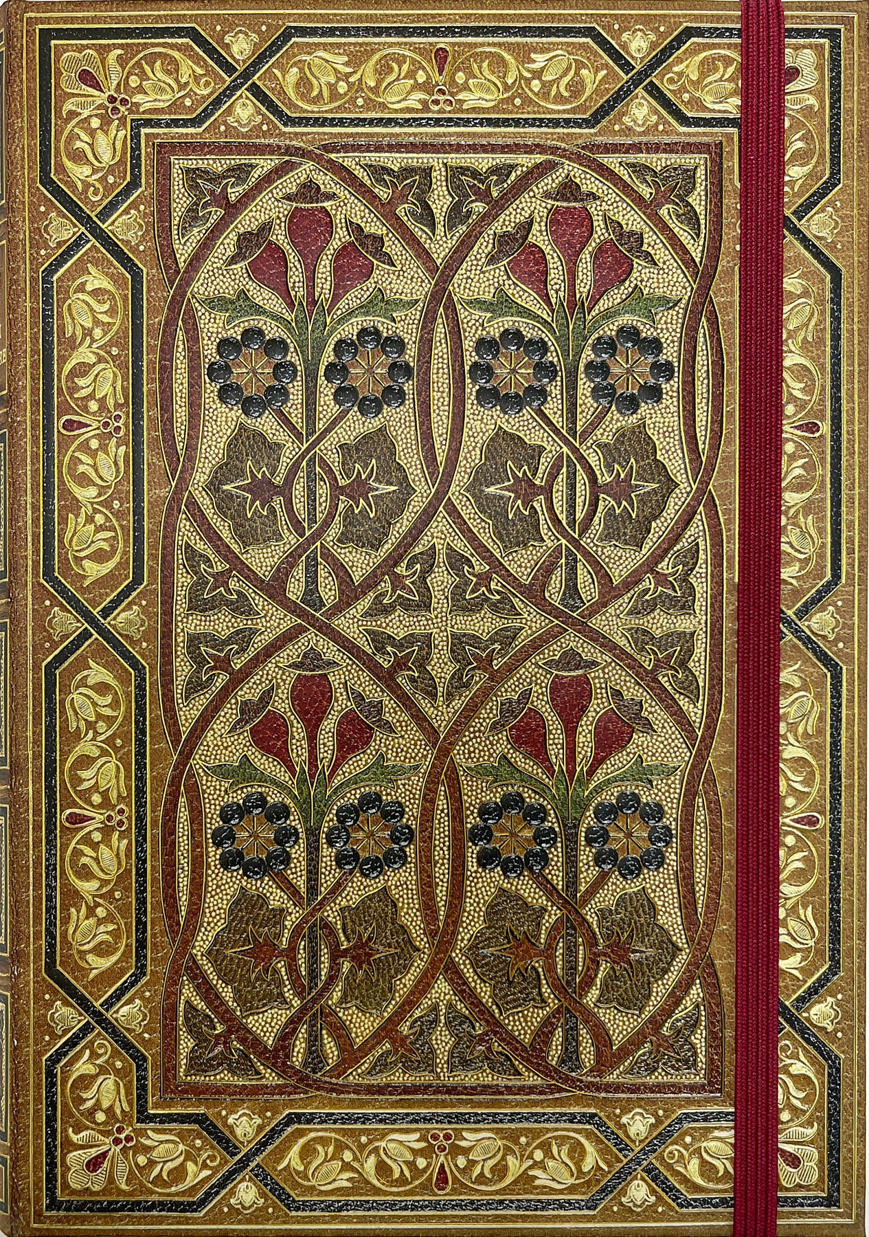 Art nouveau journal front in gold, blue, and red, with red elastic band