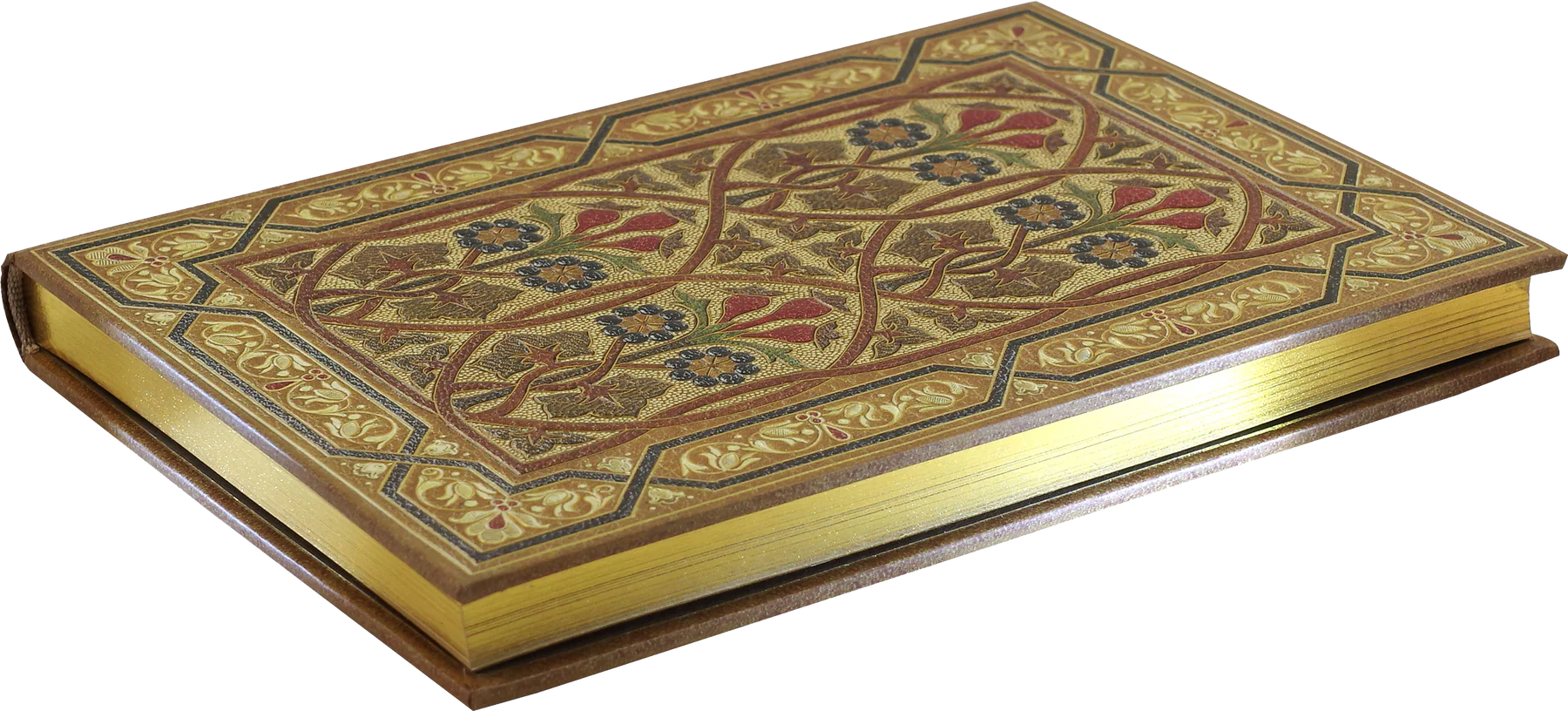 Art nouveau journal front in gold, blue, and red, showing gilt edging