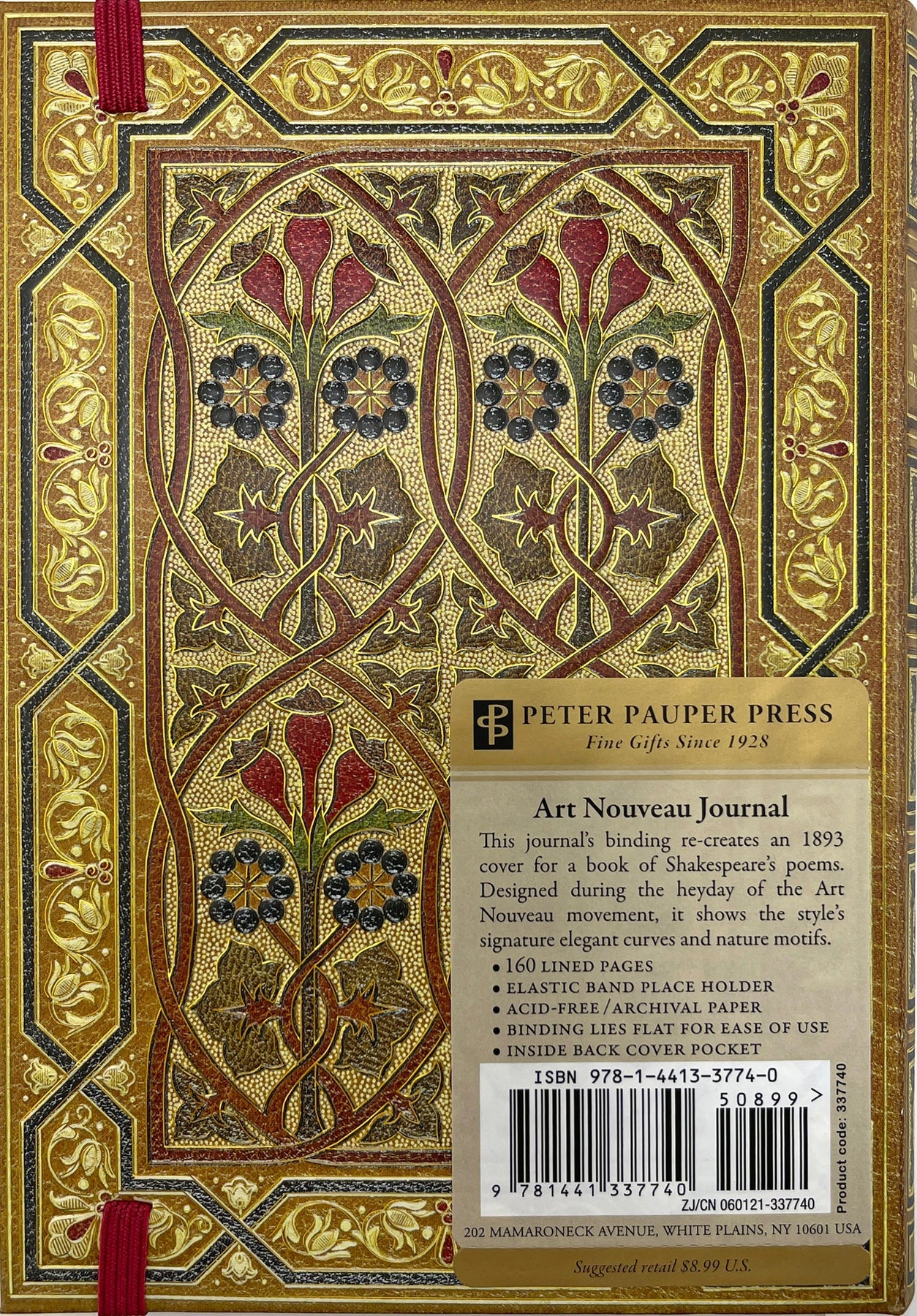 Art nouveau journal back in gold, blue, and red, back cover "This journal's binding re-creates an 1893 cover for a book of shakespeare's poems"