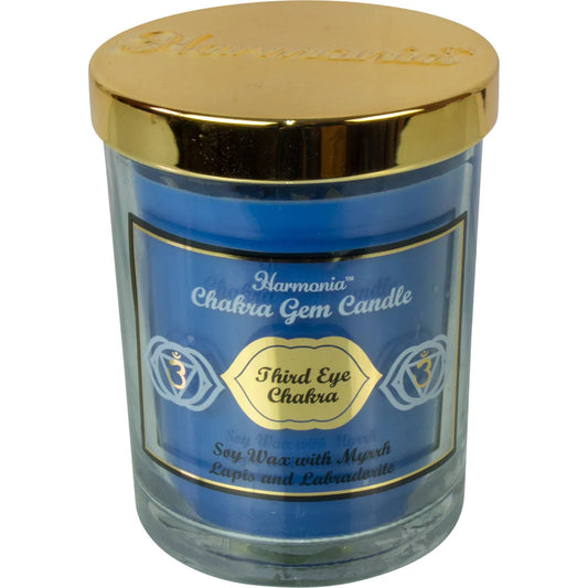 Harmonia Chakra Gem Candle - Third Eye Chakra - Soy wax with myrrh, lapis, and labradorite.