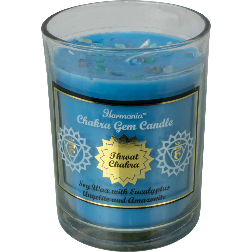 Harmonia Chakra Gem Candle - Throat Chakra - Soy wax with eucalyptus, angelite, and amazonite.