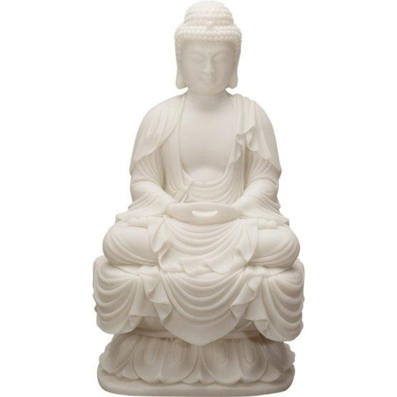 seated buddha in all white resin made to look like porcelain.