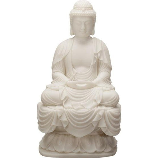 seated buddha in all white resin made to look like porcelain.