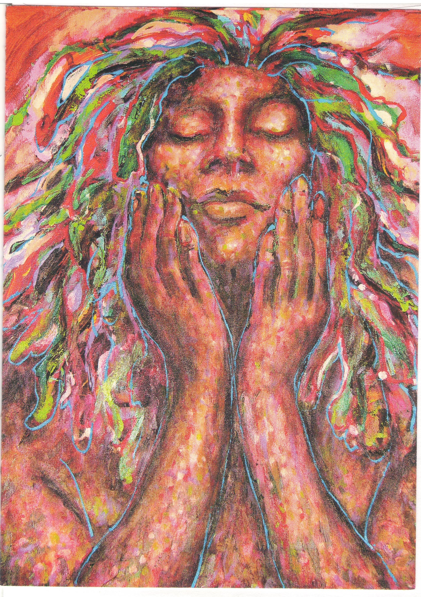 woman with eyes closed holding her face in her hands.