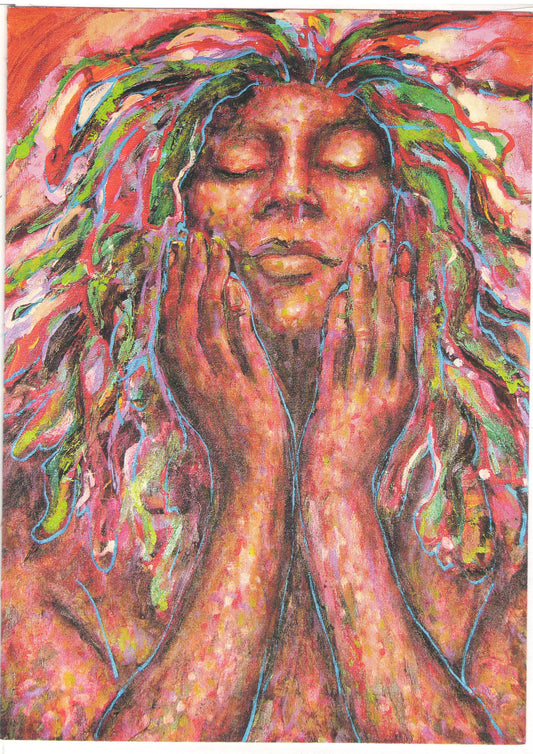 woman with eyes closed holding her face in her hands.