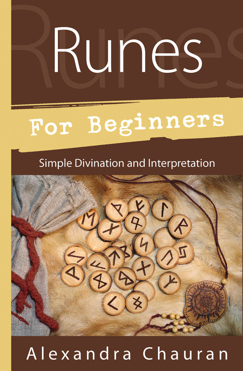 Cover of Runes for Beginners showing nordic runes, bag, and talisman.