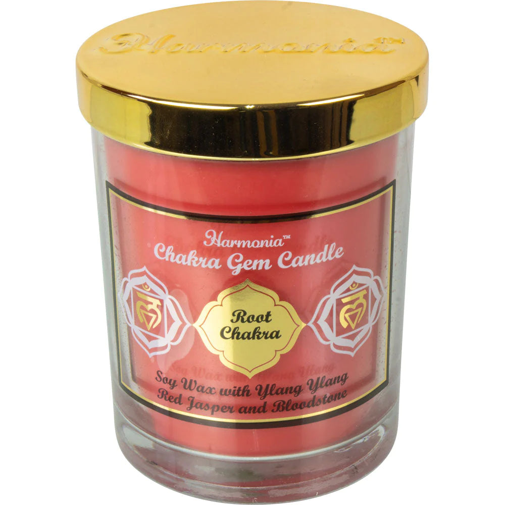 Harmonia Chakra Gem Candle - Root Chakra - Soy wax with ylang ylang, red jasper, and bloodstone..