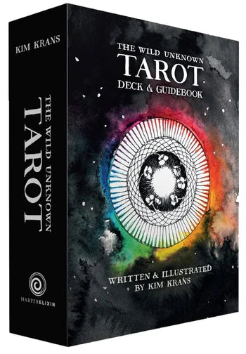 Box cover of Wild Unknown Tarot, black with multi-colored ring on cover.