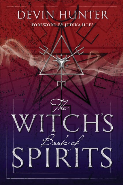 Cover of Devin Hunter's The Witch's Book of Spirits in red and blue with symbols of Helm of Hecate superimposed on the Pentagram of Hecate.