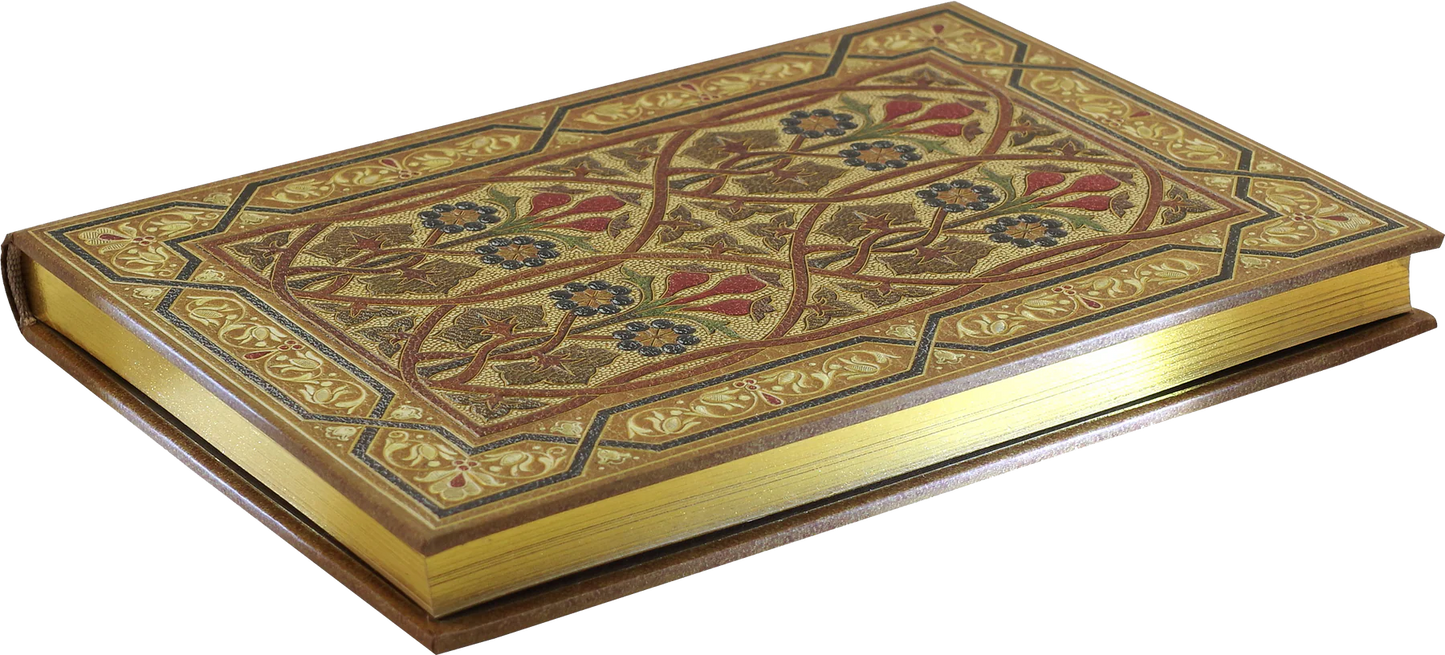 Art nouveau journal front in gold, blue, and red, showing gilt edging