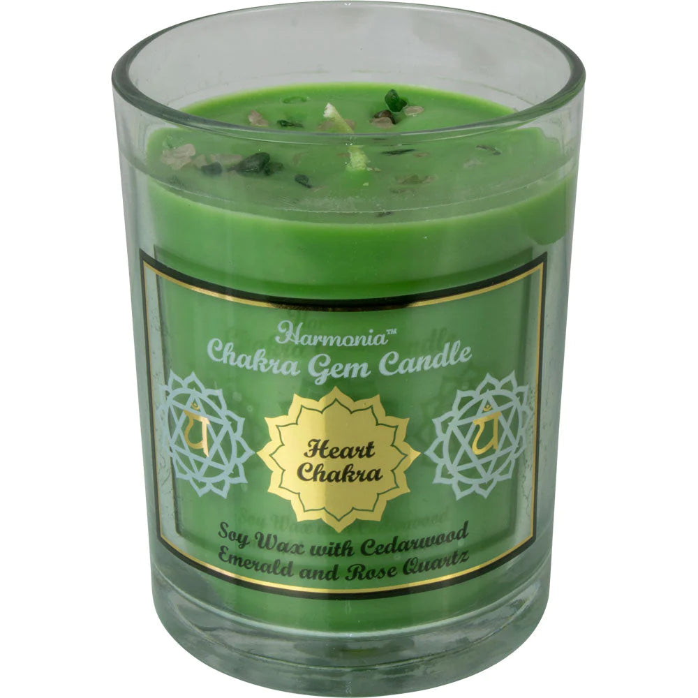 Harmonia Chakra Gem Candle - Heart Chakra - Soy wax with cedarwood, Emerald, and Rose quartz.