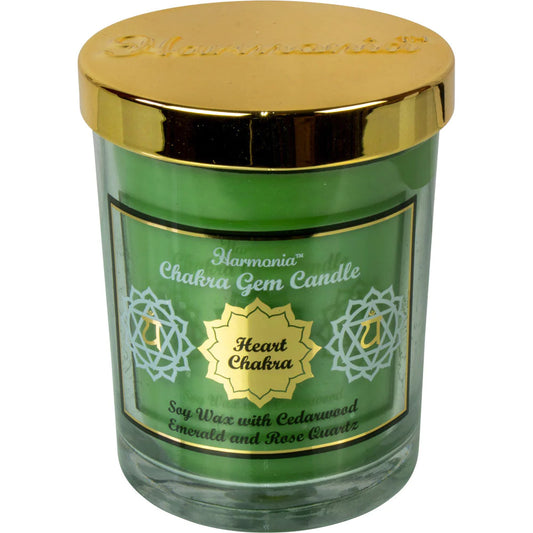 Harmonia Chakra Gem Candle - Heart Chakra - Soy wax with cedarwood, Emerald, and Rose quartz.