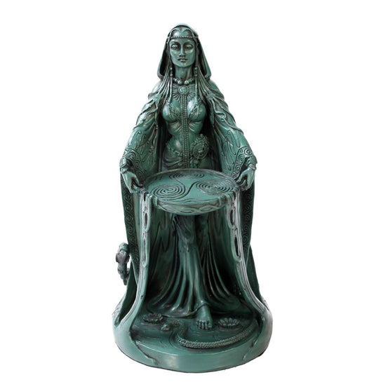 Celtic Danu, green resin statue, 5" X 5' X 9" tall.  Danu is holding a tray for your candle or other offerings.
