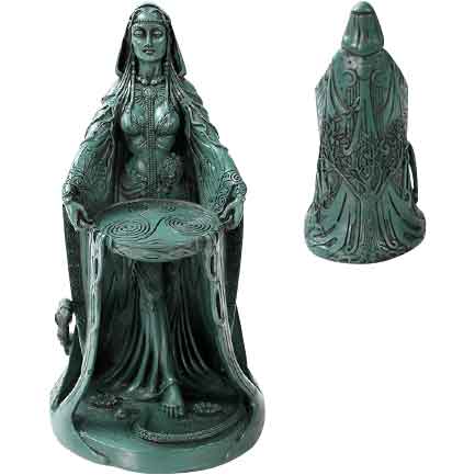 Shows back of statue with celtic designs down the back of Danu's cape.