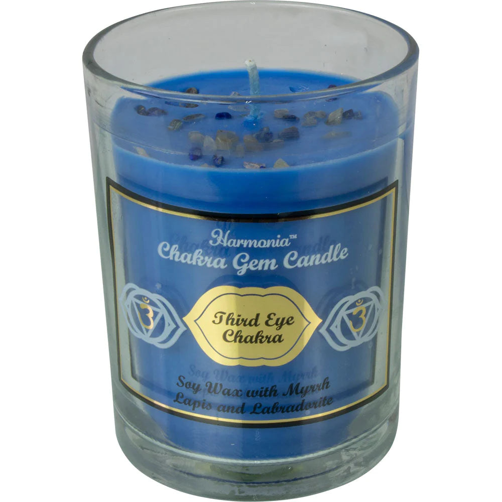 Harmonia Chakra Gem Candle - Third Eye Chakra - Soy wax with myrrh, lapis, and labradorite.