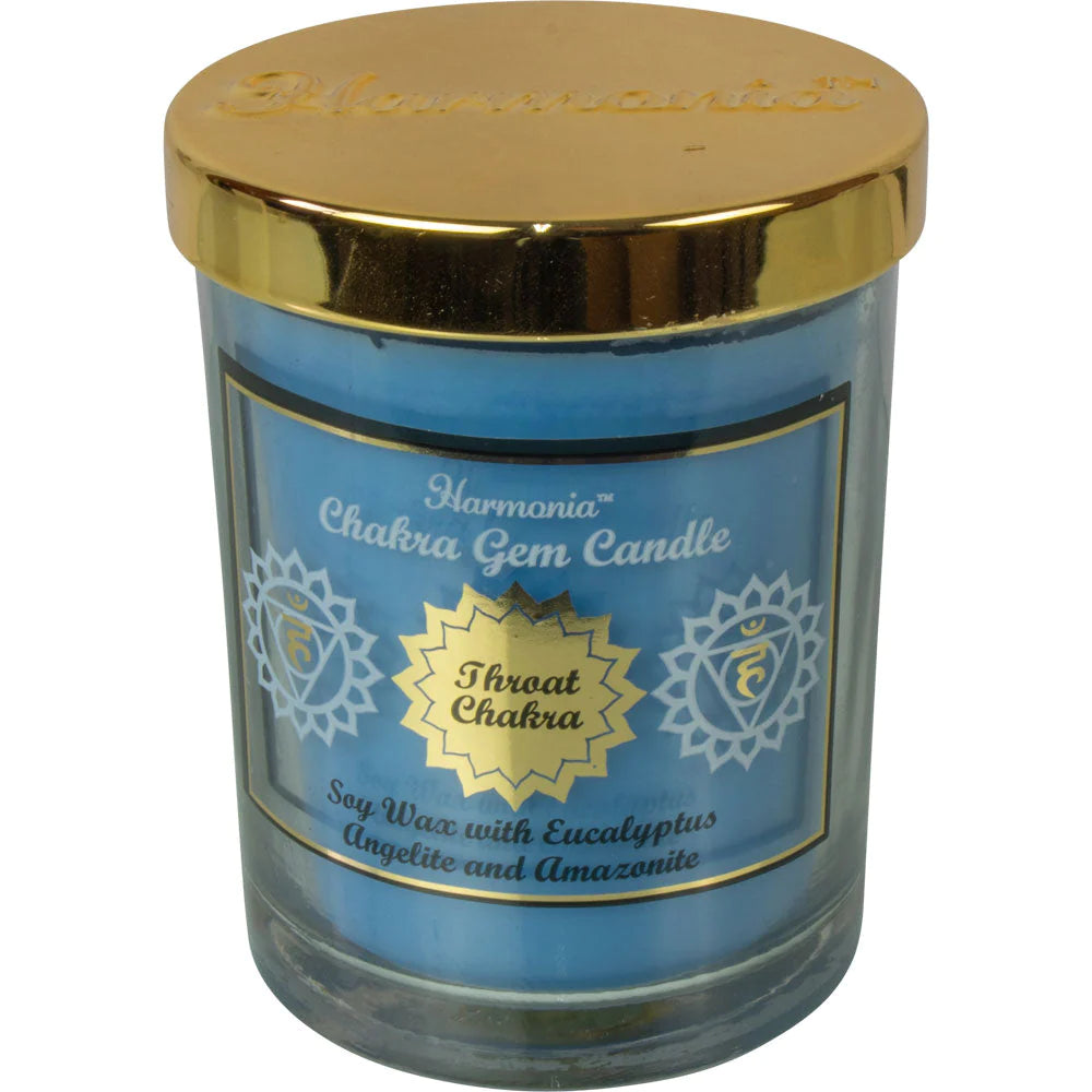 Harmonia Chakra Gem Candle - Throat Chakra - Soy wax with eucalyptus, angelite, and amazonite.