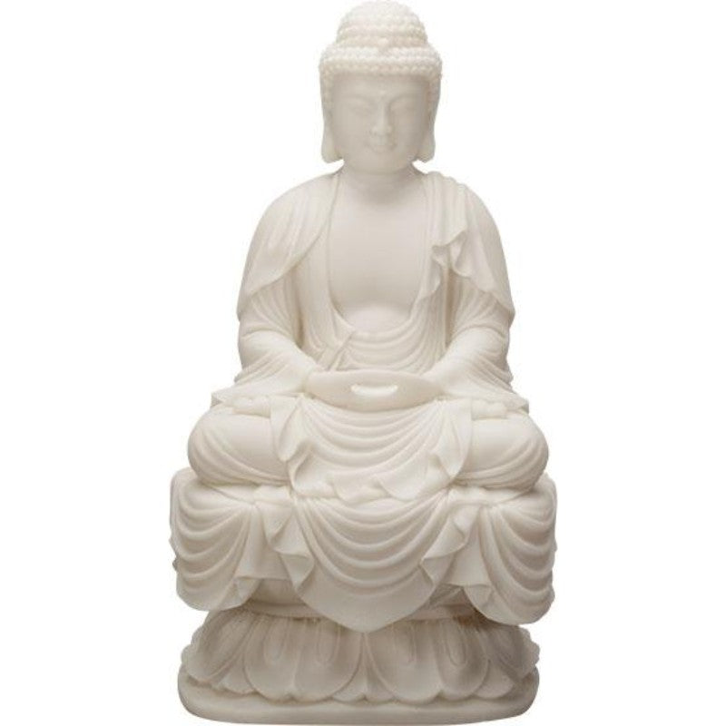 seated buddha in all white resin made to look like porcelain. 