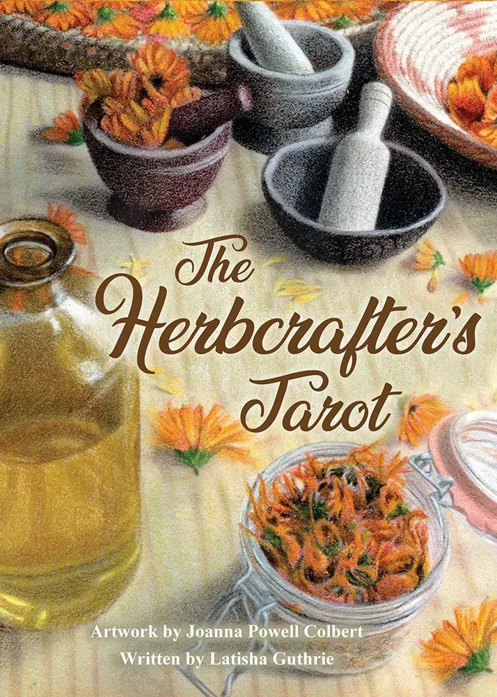 Cover of Herbcrafter's Tarot showing herbalist tools and flowers