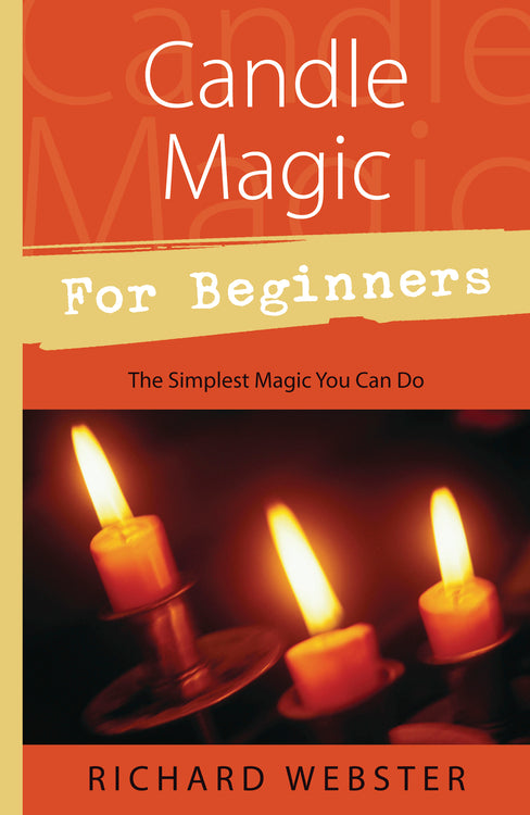 The orange cover of Richard Webster's Candle Magic for Beginners which has three candles on it.
