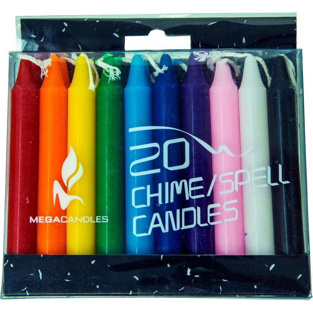 Pack of 20 ritual chime candles in 10 colors; 1/2" x 4"