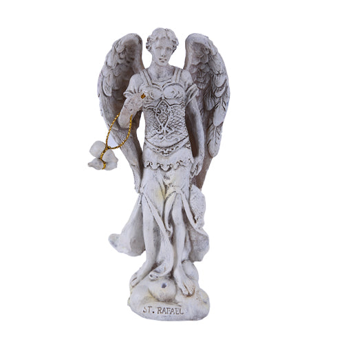 White resin statue of Archangel Raphael with bundle tied with gold-colored cord.