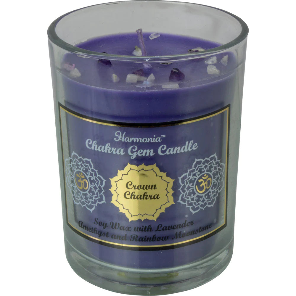 Harmonia Chakra Gem Candle - Crown Chakra - Soy wax with lavender, amethyst, and rainbow moonstones