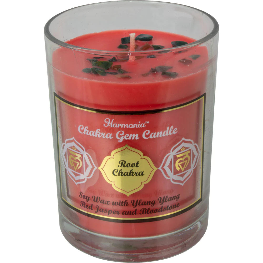 Harmonia Chakra Gem Candle - Root Chakra - Soy wax with ylang ylang, red jasper, and bloodstone..