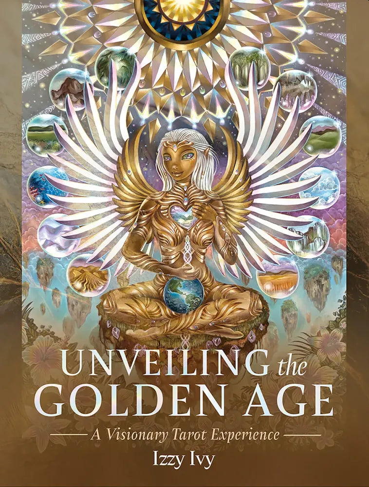 Cover of Unveiling the Golden Age, golden box, with angel sitting in lotus position.