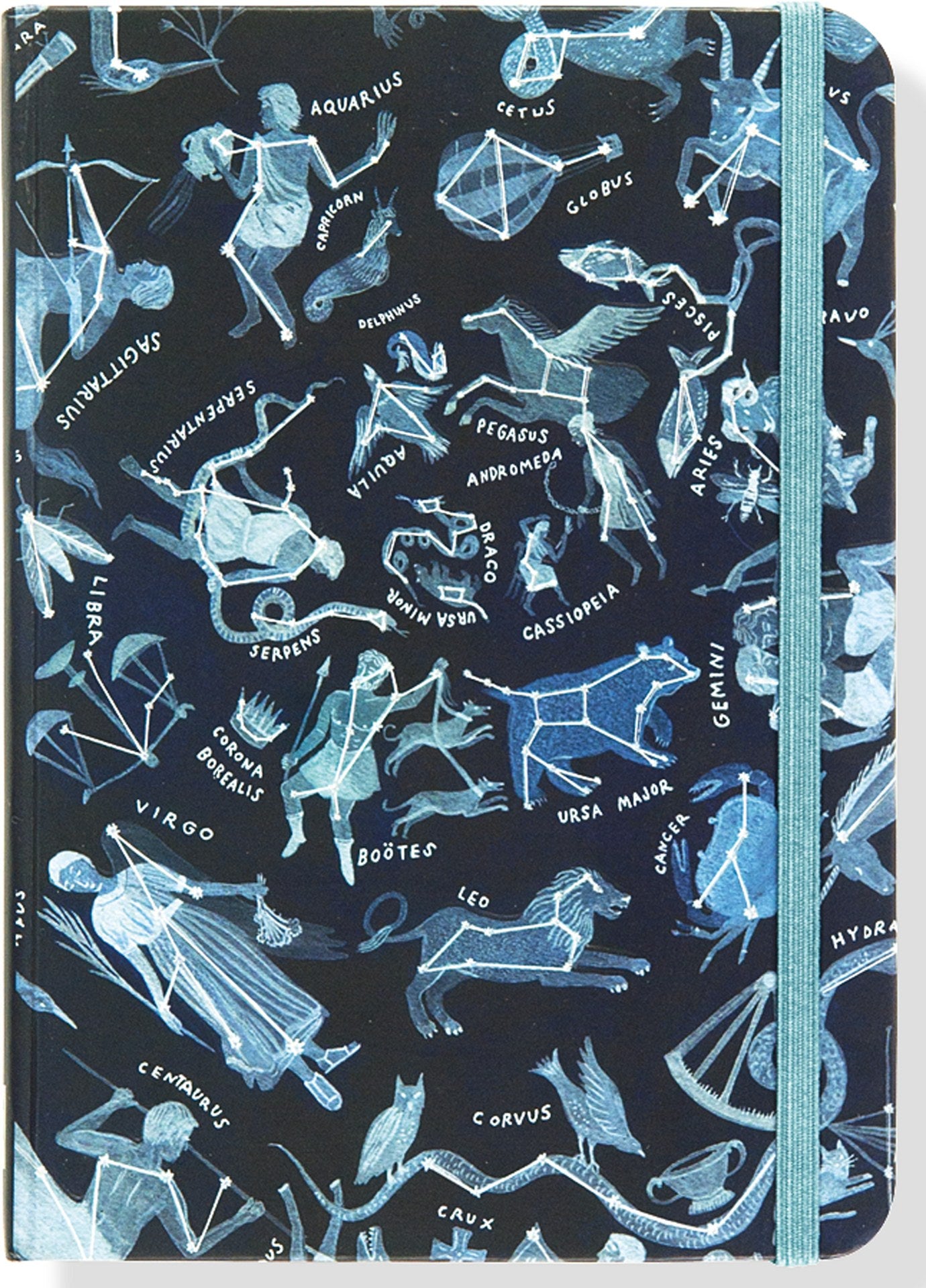 Constellations Journal cover with constellations in silver, and light blue elastic band